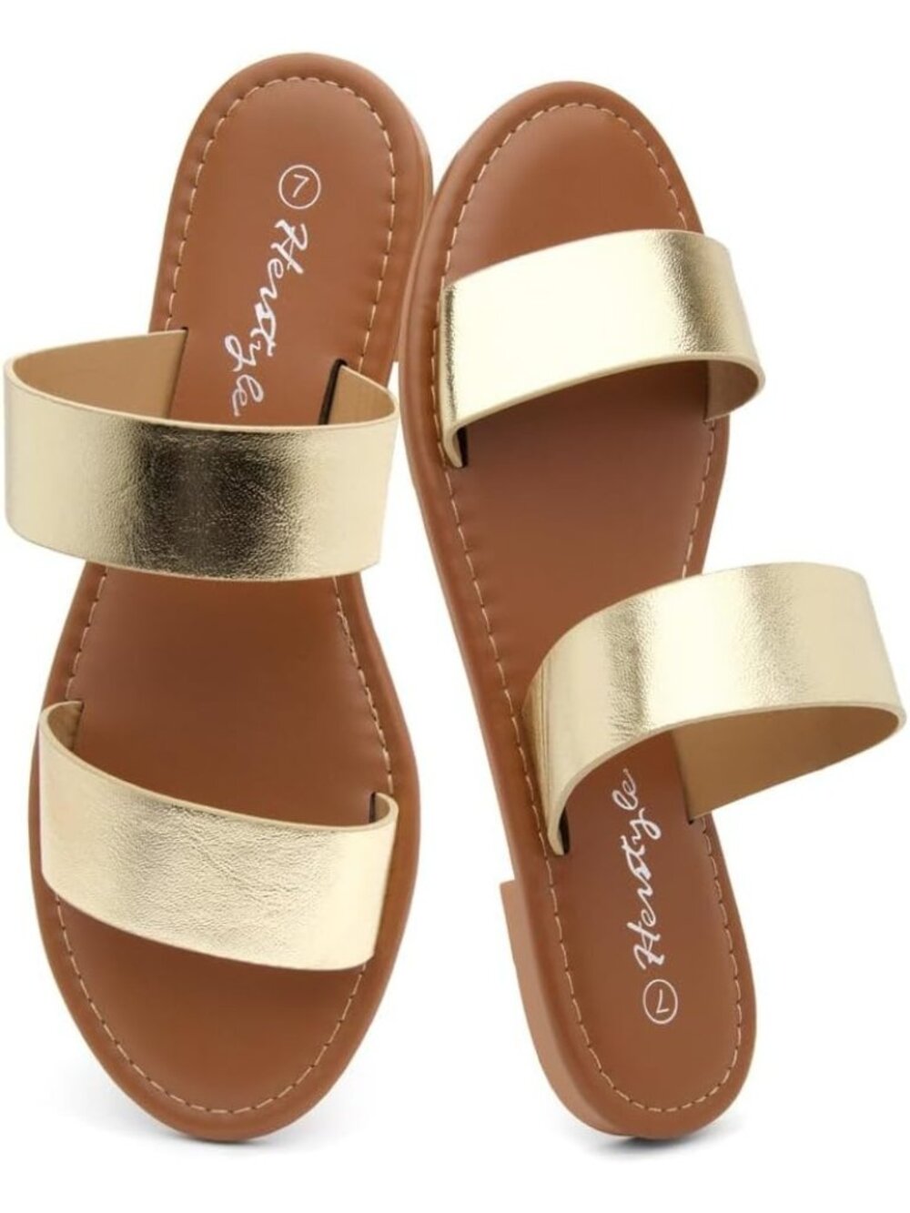 Women's Gold Comfortable Open Toe Double Strap Slide Slip On Flat Sandal Shoes